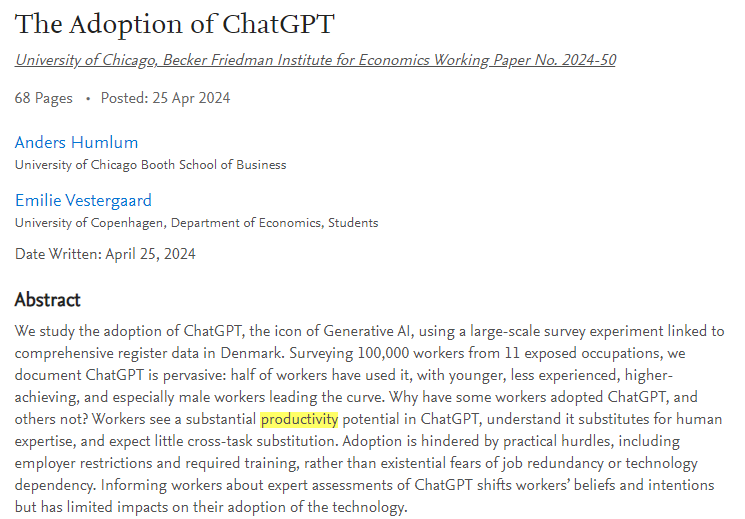 'Workers see a substantial productivity potential in ChatGPT, understand it substitutes for human expertise, and expect little cross-task substitution. Adoption is hindered ... by employer restrictions and required training, rather than existential fears of job redundancy'