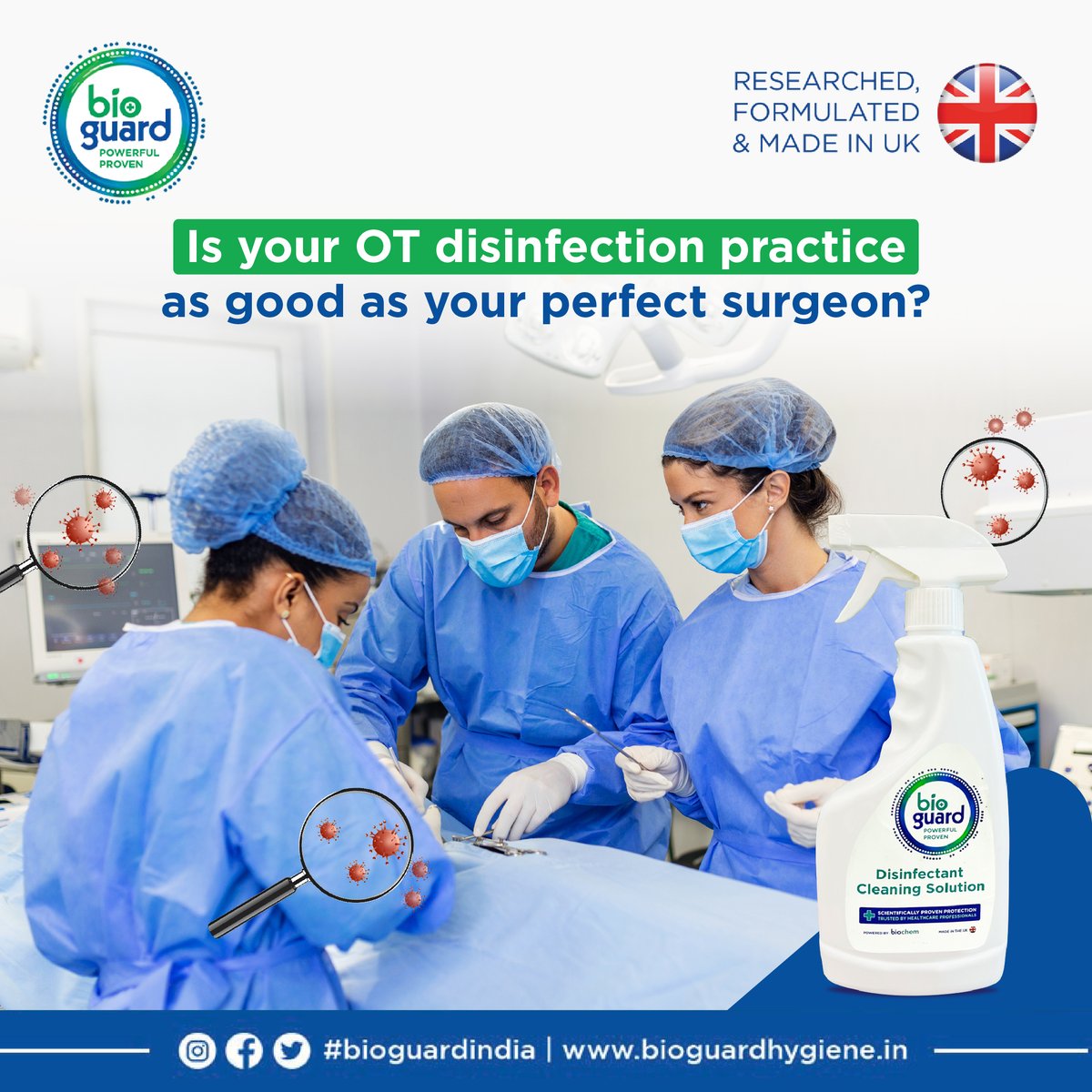 Ever pondered if surgeons are as clean as they seem? Even spotless surfaces can harbor unseen dangers. With Bioguard, every surface gets a deep clean, ensuring your safety comes first. #SafeSurgeons #DisinfectWithBioguard #MicrobeFree #HospitalSafety #PathogenProtection #Bioguard