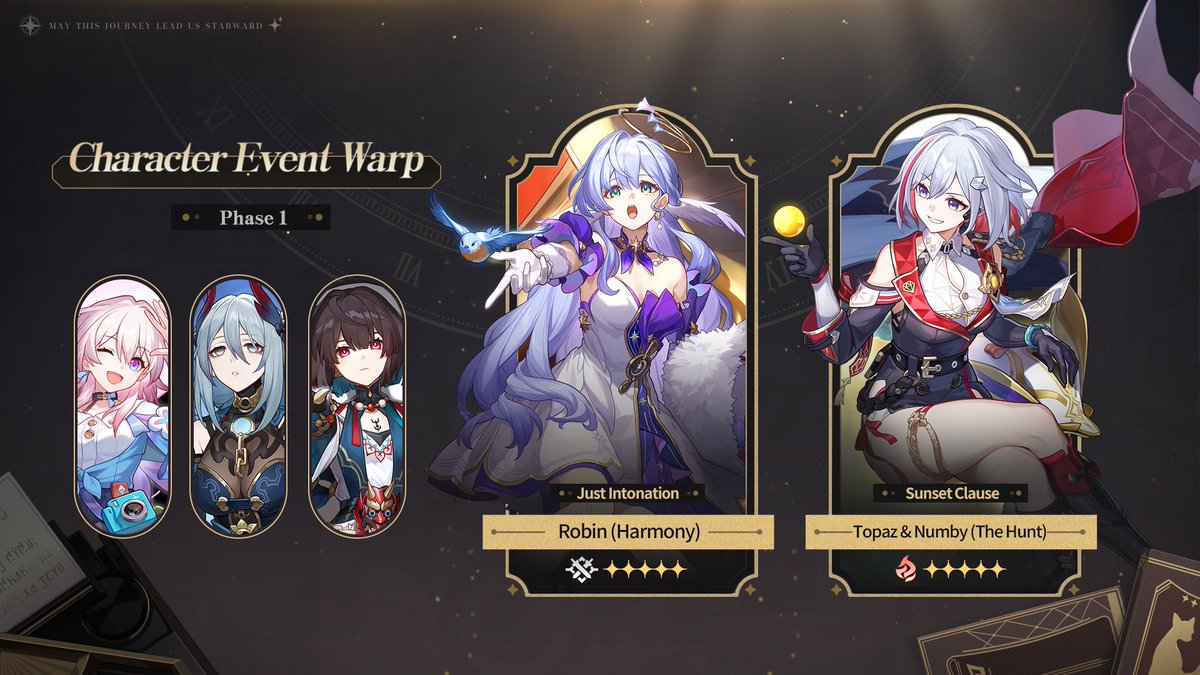 Character Event Warp Part 1
During the event, the drop rates of the limited 5-star character Robin (Harmony: Physical) and Topaz & Numby (The Hunt: Fire) will be boosted for a limited time.

The excitement continues with the Honkai: Star Rail V2.2 Special Program! 
Tune in now:…