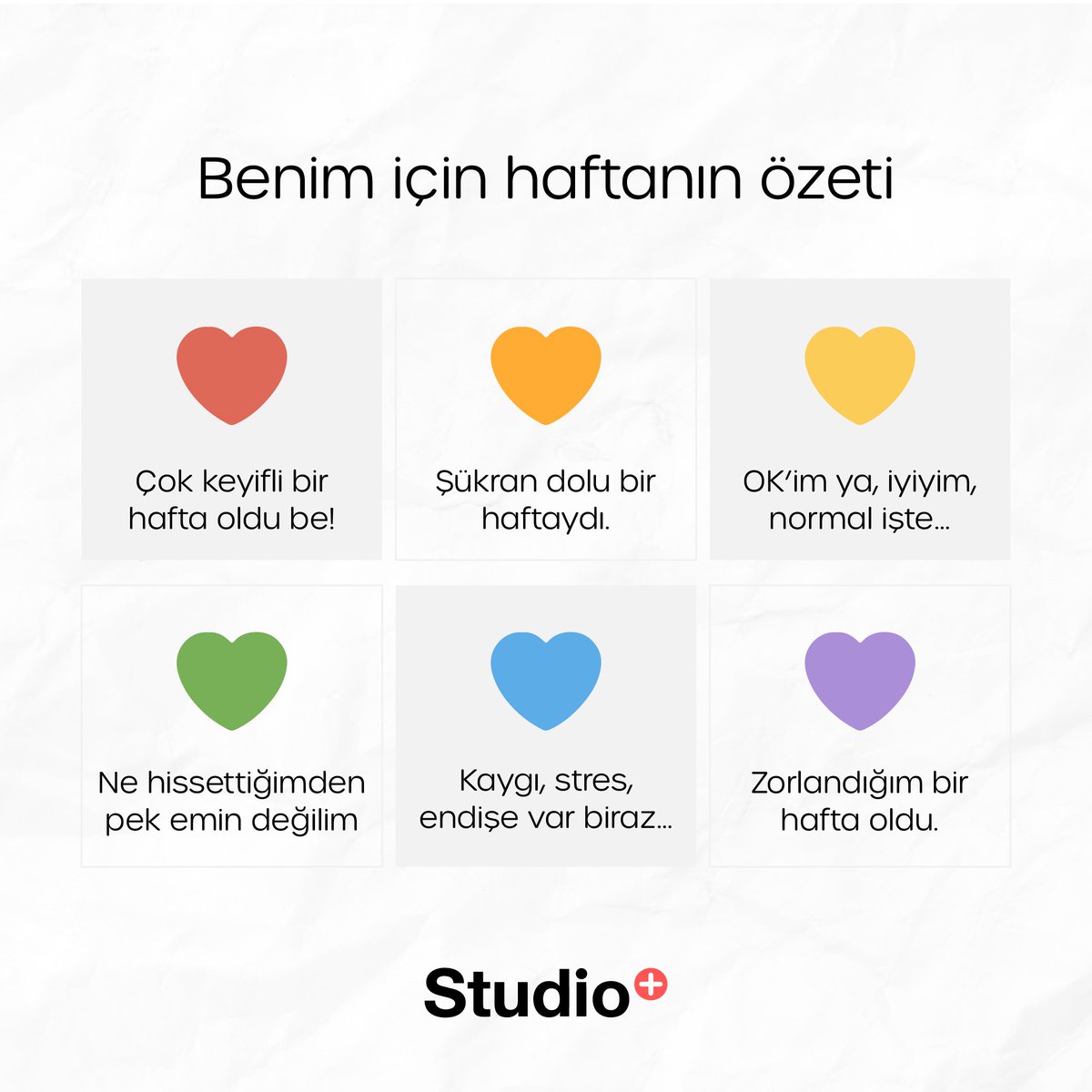 Biten haftayı birlikte değerlendirelim mi? Hangi cümle en içinden gelen? Yorumlarda sana yakın gelen cümlenin renginde bir kalp paylaşır mısın 🙏

#duygufarkındalığı #paylaş #cuma #tgif #farkındalık #sanaiyigelenikeşfet #studiocanlı