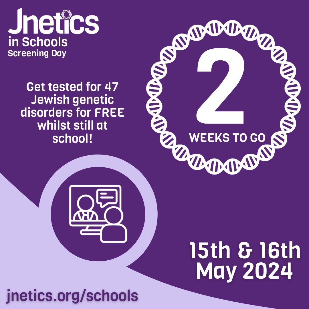 Have at least 1 Jewish grandparent? UK sixth form student? NOT tested with Jnetics before? 15th & 16th May - get tested for 47 recessive Jewish genetic conditions for FREE whilst still at school! Book now: jnetics.org/schools/ #jnetics #jneticsinschools #jewishgenes