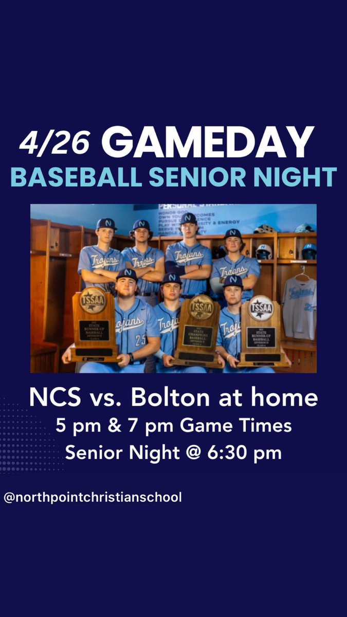 The NCS Baseball Team is playing two games against Bolton tonight. We need our fans at 5 pm and 7 pm! Additionally, tonight is SENIOR NIGHT at 6:30 pm for Luke Camp, Seth Giamportone, Jace Robinson, Carson Jones, Brett Whitten, Wade Malone, and Grayson Simonton. #PackThePoint