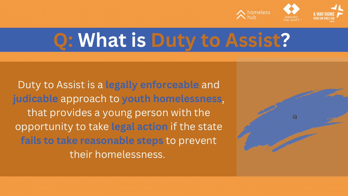 Q: What is Duty to Assist (#DtA)? A: DtA is an approach to #YouthHomelessness that provides a young person with the opportunity to take legal action if the state fails to take reasonable steps to prevent their homelessness. Learn more: bit.ly/42h1sl9