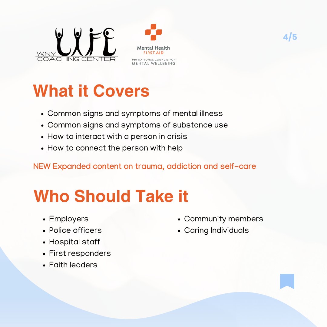 Mental Health First Aid is essential for recognizing signs, understanding emotions, and responding with empathy. Let's #EndTheStigma and create a brighter future together!

Learn more at: wnylifecoaching.com/mental-health-…

#MentalHealthFirstAid #Empowerment