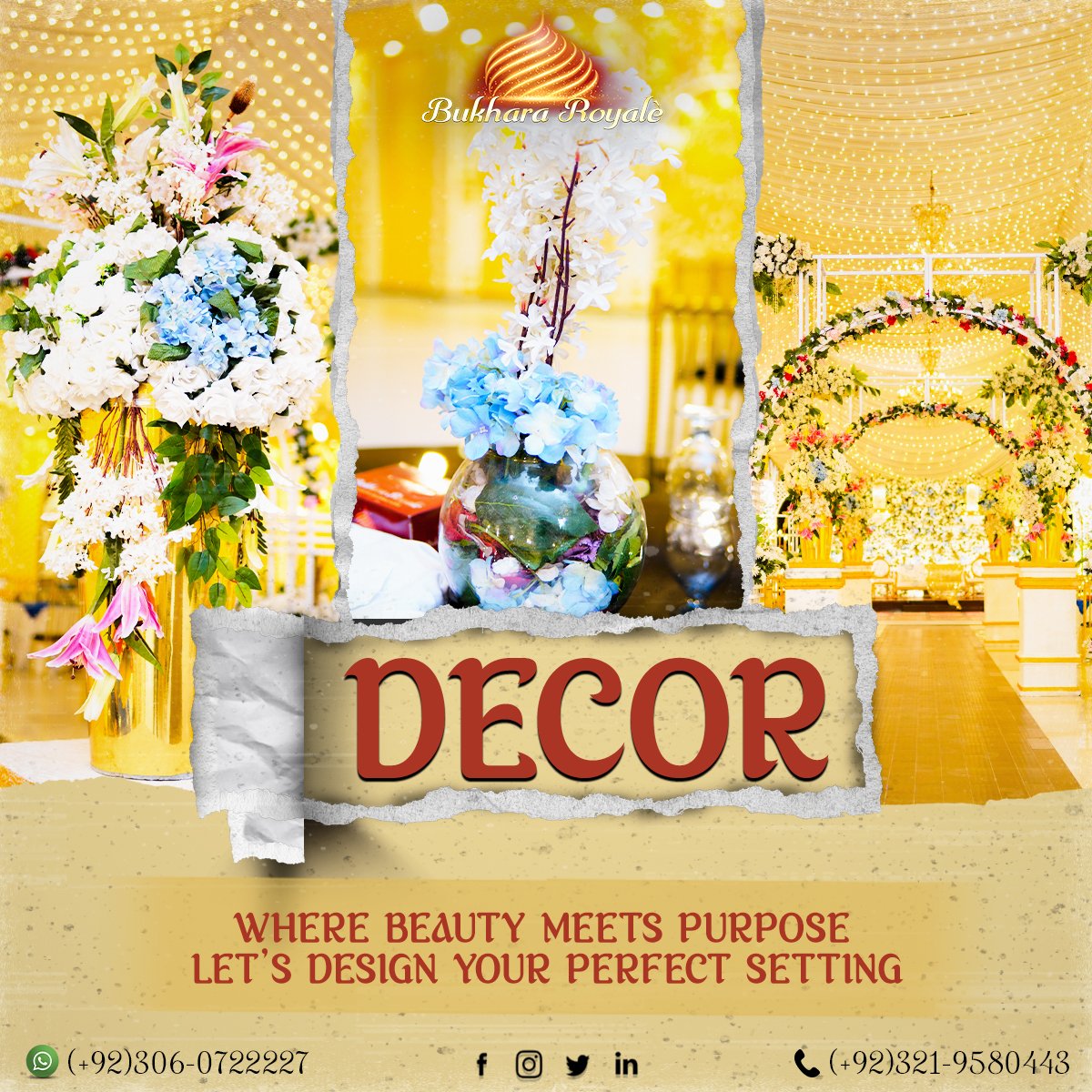 Limited time offer, hurry up. Get one before it’s too late!
Call Now: 0321-9580443 | 0306-0722227
Address: Lohi Bhair, near Gulberg Greens
Main Islamabad-Expressway, Islamabad, Pakistan.
#weddingdecor #photographer #couple #beauty #style #happy #event #engaged #photoshoot #photo