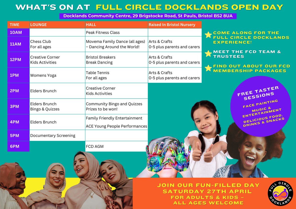 Hands up who's coming to our Community open day tomorrow? 🙋🏾‍♀️🙋🙋🏿‍♂️

Here's a reminder of all the fantastic sessions we have going on – all for FREE! 

We're just added Movema Family Dance to the lineup too 💃 

#BristolFamilies #BristolYouth #BristolCommunity