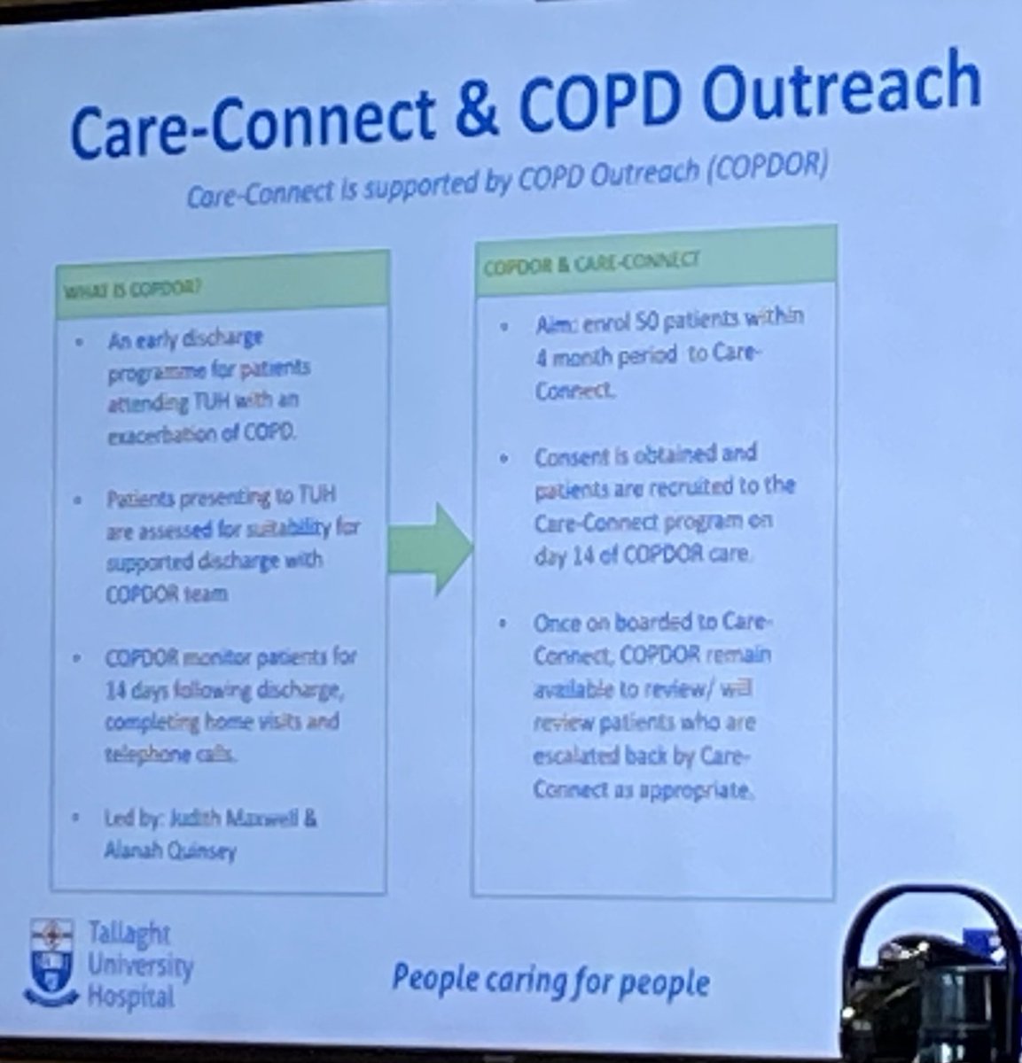 Well done to Judy & ⁦@Alanah_Q⁩ on their innovative work in #COPDOR with Care-Connect to support patients with remote monitoring to maintain them safely at home ⁦@TUH_Tallaght⁩ ⁦@CPRC_ISCP⁩ ⁦@ainemlynch⁩ ⁦@eimearculligan⁩ ⁦@AineOBrien8⁩