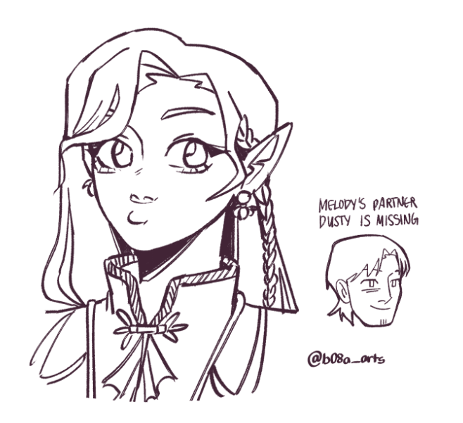 She is a hopeless romantic bard who sings songs about her missing lover, Dusty, a human adventurer, and is on a quest to find him. I will probably draw more doodles of her in the future lmao she is so pretty 😭💜
