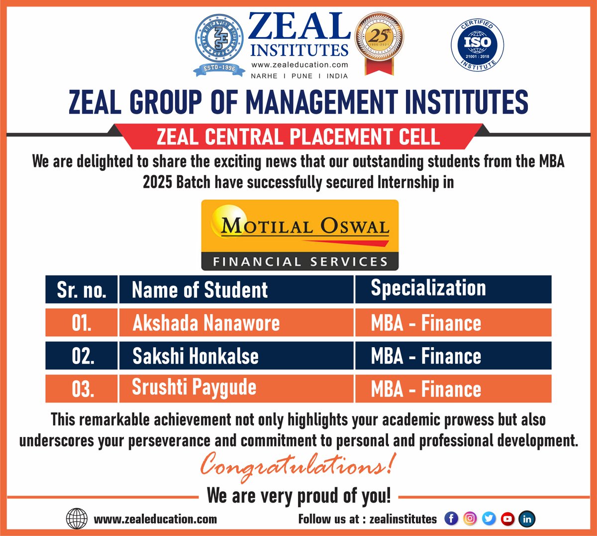 Congratulations💐💐
#ZealCentralPlacementCell#Placement#ZealEducationSociety#MBA Finance#MBA#BusinessAdministration#Management#StudentTrainingProgram