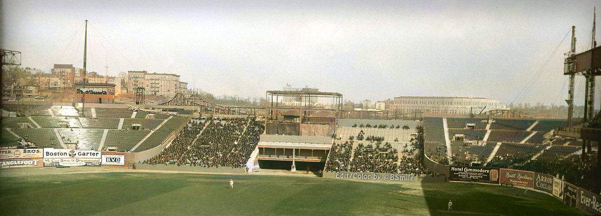 101 Years Ago Today: View of Opening Day at the Polo Grounds, NYC - Boston Braves vs. New York Giants! You can see Yankee Stadium in the distance, the brand new home ballpark of the New York Yankees! (April 26, 1923) edit/color by BSmile #MLB #Baseball #History