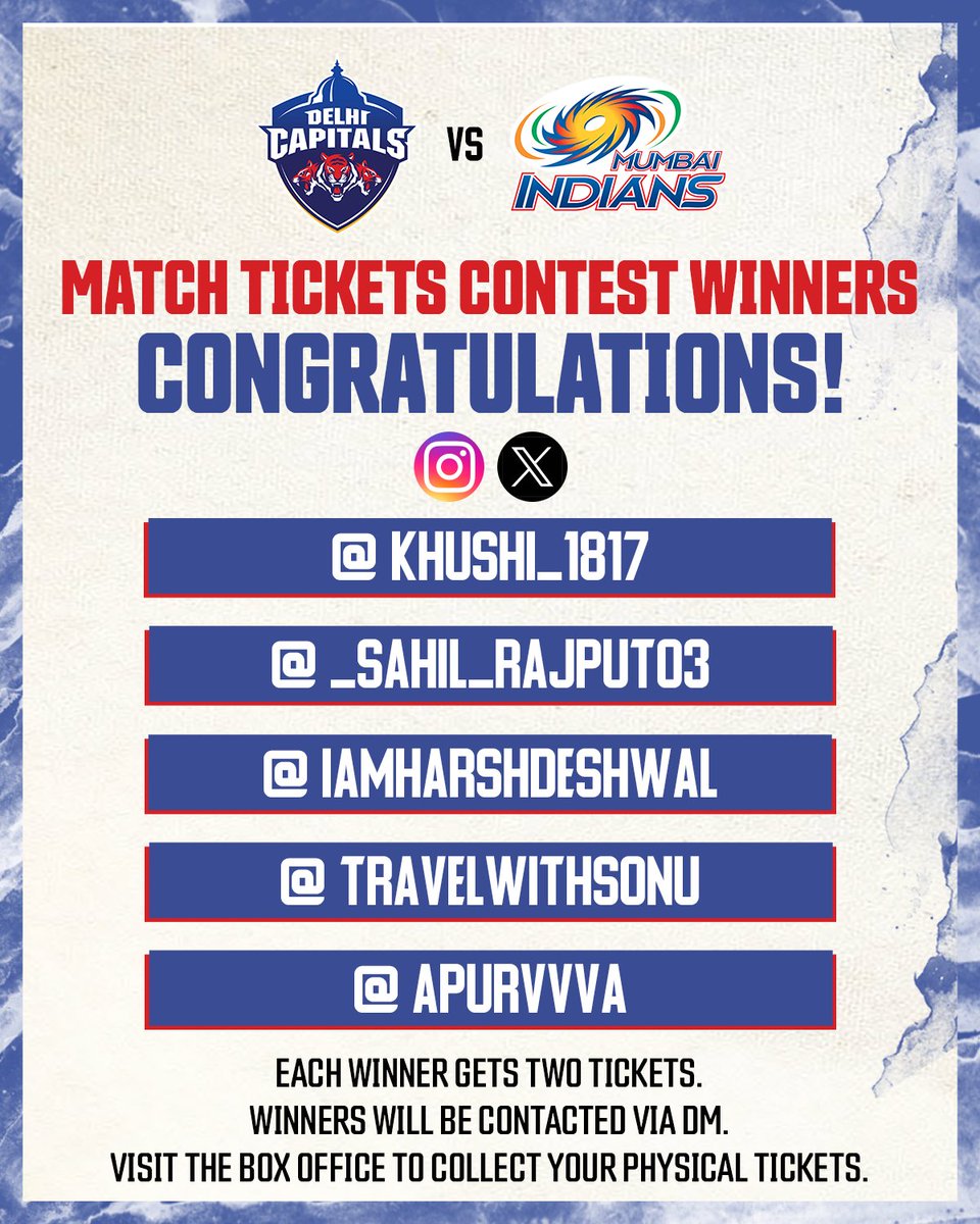 Congratulations to the winners! We can't wait to see you 💙 ℝ𝕆𝔸ℝ 𝕄𝔸ℂℍ𝔸 at Qila Kotla during #DCvMI 🔥