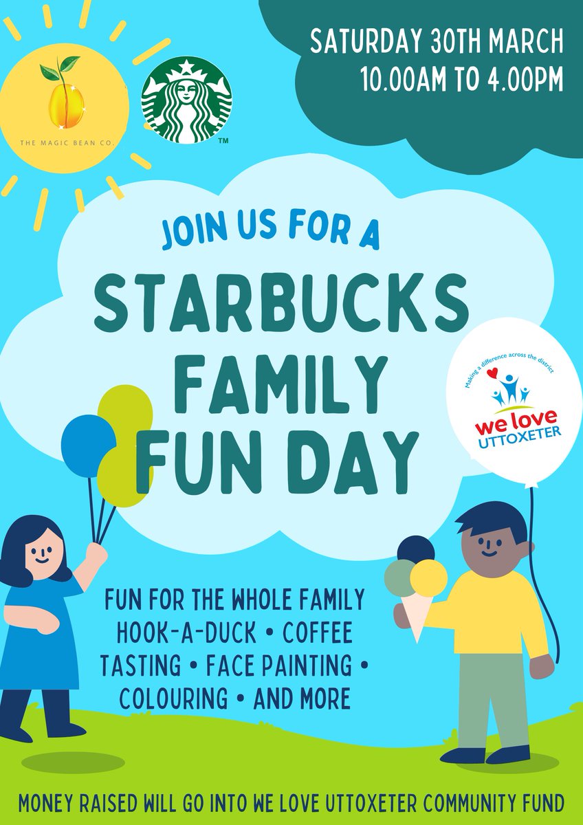 Got any plans this weekend? Starbucks Uttoxeter are hosting a Family Fun Day in aid of one our place based funds, We Love Uttoxeter! Get the family together and pop down for fun for all the family 🎈 #familyfun #supportlocal #community