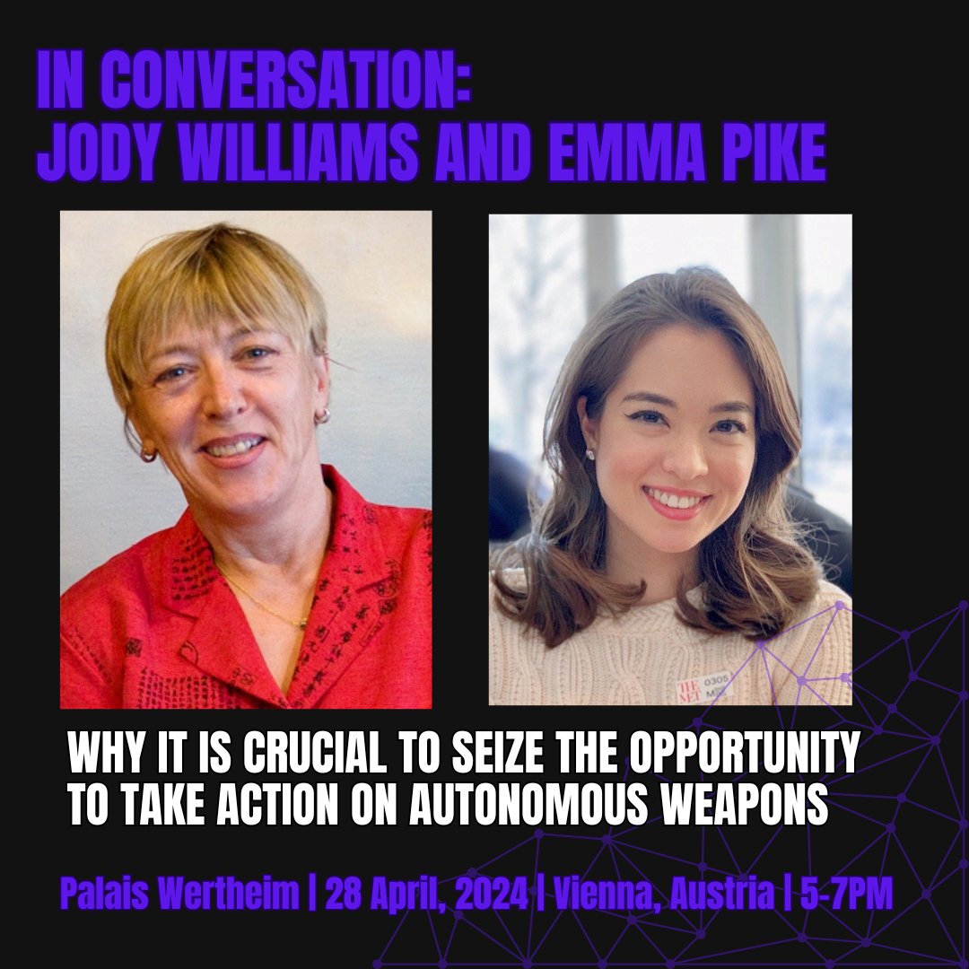 #InConversation: @JodyWilliams97 and @Emma_Pike_ will be speaking at #ActionAtTheCrossroads

They will be discussing why it’s crucial to seize the opportunity to take action on #Autonomous Weapons
❌🤖

🎟 Tickets are limited: stopkillerrobots.org/actionatthecro…