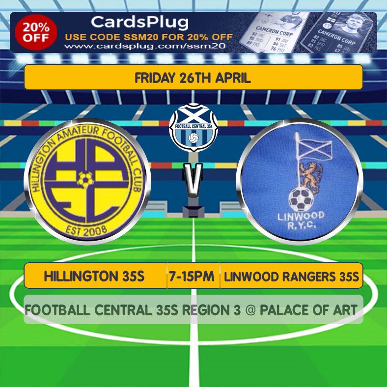 <a href="/AfcHillington/">Hillington AFC</a> <a href="/centregions35s/">Football Central 35s</a> <a href="/scottish_aff/">AmateurFixturesResultsSCO</a> 
Tonight Hillington welcome Linwood Rangers 35s to Palace of Art for their region 3 league fixture 
💙💛💙💛