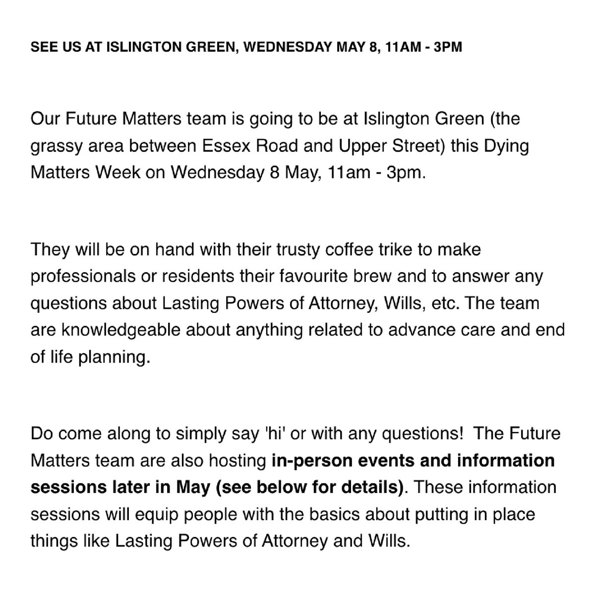 Future Matters supports Islington residents, Haringey and Camden residents who are at the early stages of dementia and their carers. Along with in-person events, they provide information sessions and one-to-one advice via phone, email and appointments.