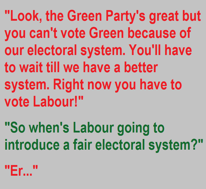 Really tired of having this conversation with people who tell me I have to vote for a party I don't believe in because of the electoral system.

We won't get a better electoral system by voting for a party that has no intention of introducing one.

#VoteGreen #MakeVotesMatter
