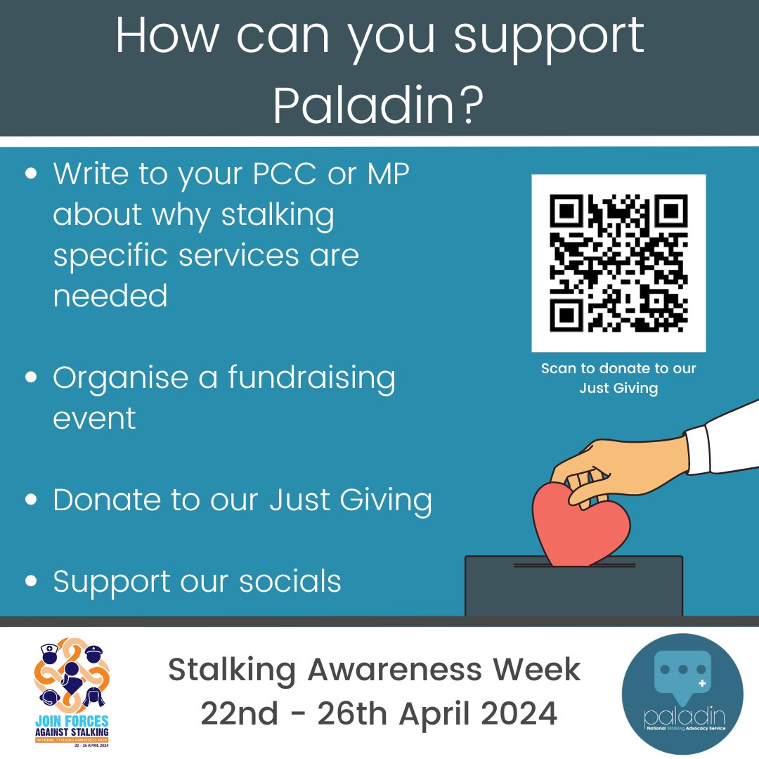 Thank you for everyone’s engagement over the past week and joining forces to raise awareness for stalking. 

Here are some of the ways you can continue to help Paladin continue to carry out vital work supporting victims of stalking…

#NSAW2024 #JoinForcesAgainstStalking