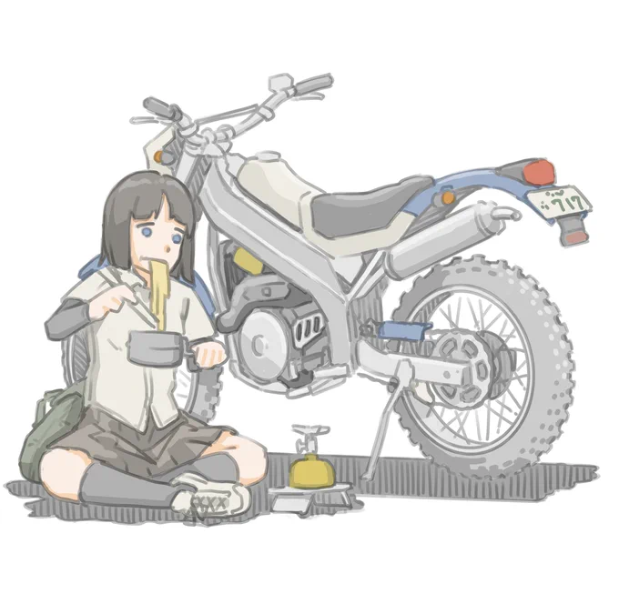 野外でインスタント塩ラーメンを喰らう女子です。(ヤマハ TY250 スコティッシュ)【再掲】#バイクJK#イラスト 