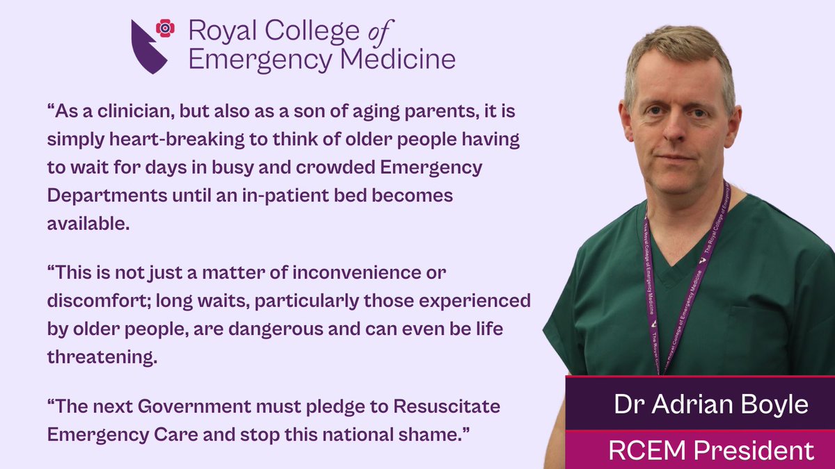 New data shows some elderly patients waited 5 days + in A&amp;E, "a national scandal" <a href="/RCEMpresident/">Adrian Boyle</a>. 

In 2023, almost 100,000 elderly ppl in England wait 12 hrs + in A&amp;E after decision for further care - age group 65+ sees 25-fold increase since 2019.

🌐 rcem.ac.uk/older-people-b…