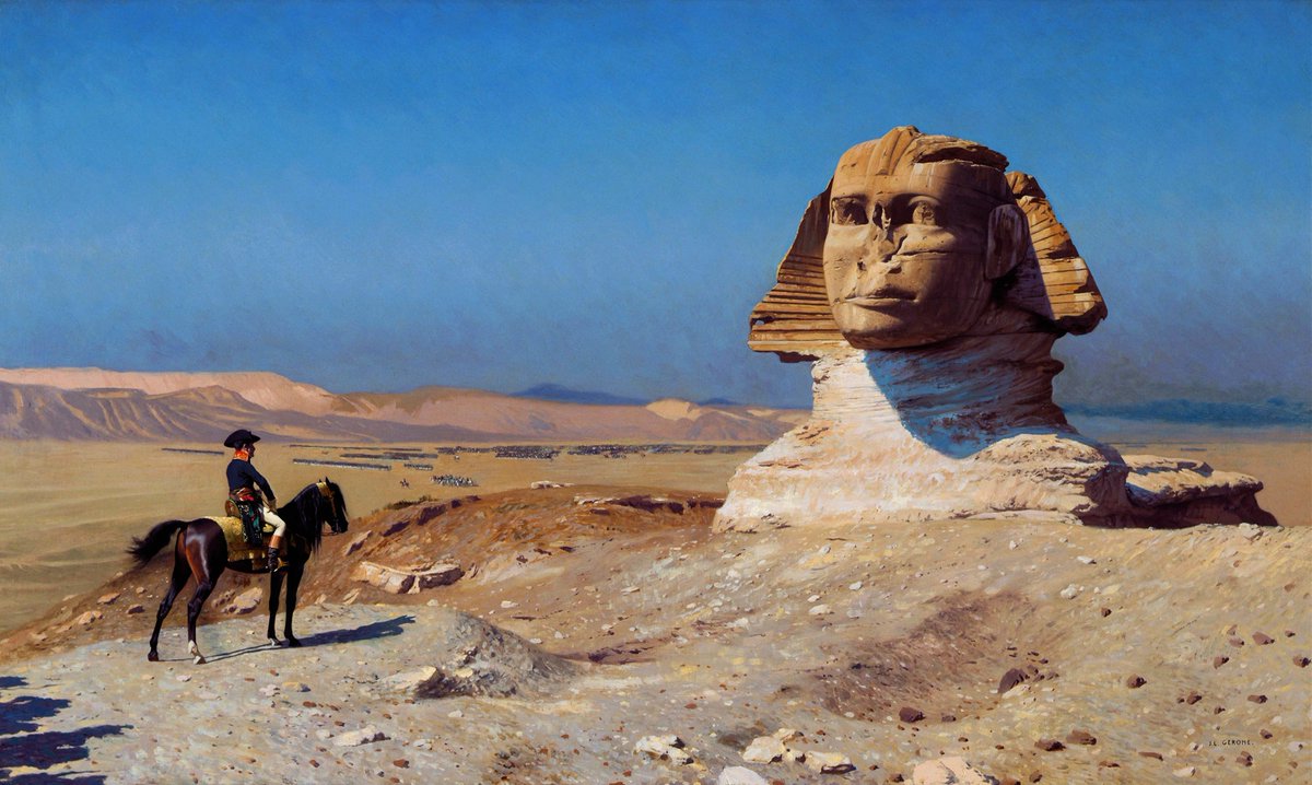 Napoléon Bonaparte düzenlediği Mısır Seferi sırasında Büyük Gize Sfenksi'nin önünde (Jean-Léon Gérôme, 1886).