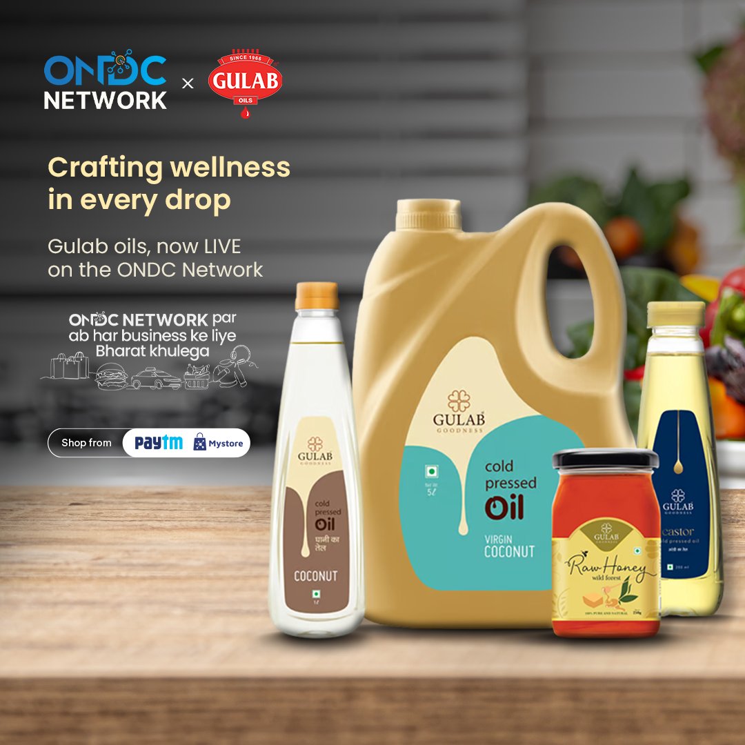 Experience the purity of tradition with Gulab edible oils (@GulabOils), now LIVE on the ONDC Network, onboarded via Mystore. Shop from @mystoreforindia and @Paytm, powered by the ONDC protocol. ONDC Network par ab har business ke liye Bharat khulega. Shop now!…
