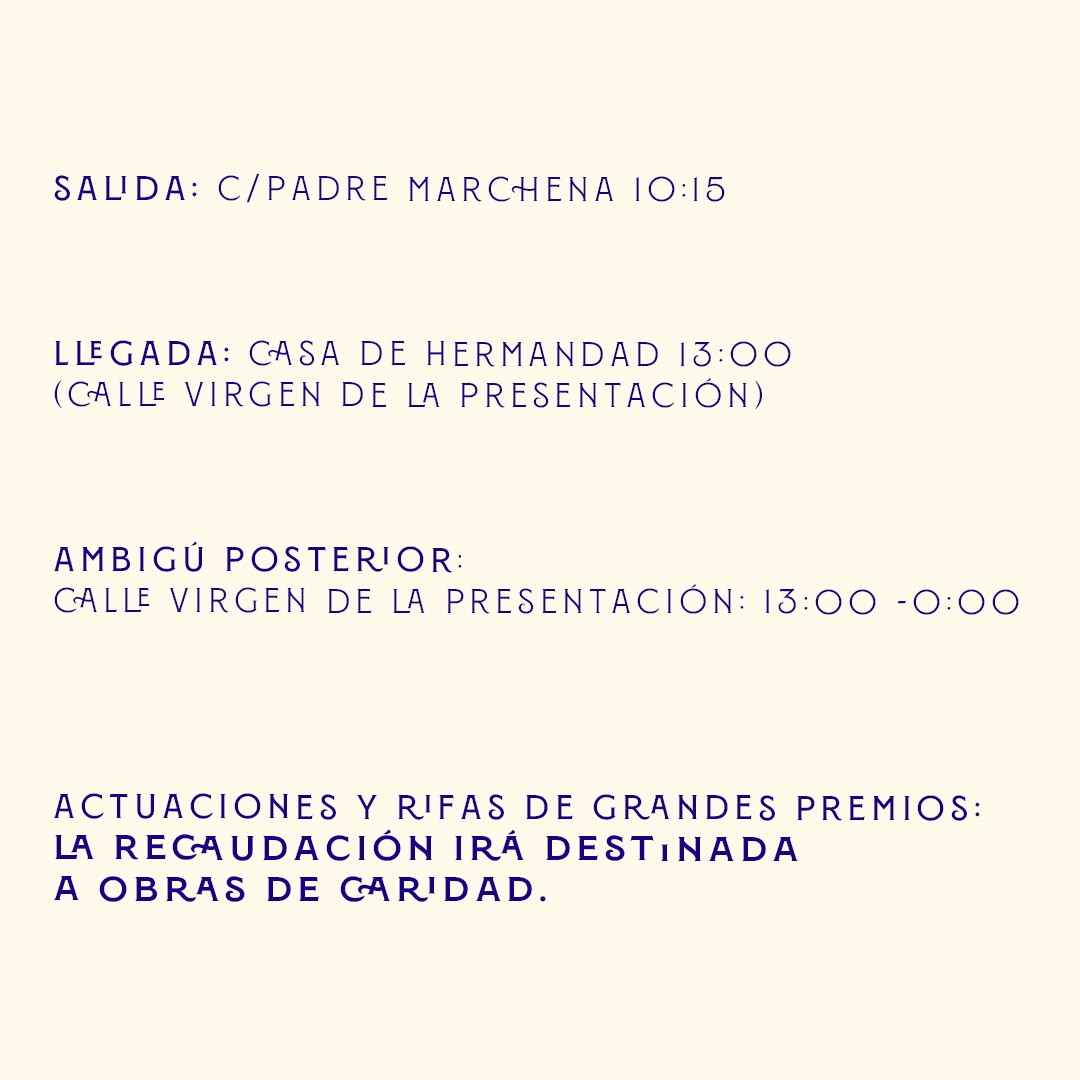 El próximo 4 de Mayo tendrá lugar la salida de la Cruz de Mayo de C/ Padre Marchena a las 10:15h con llegada a la Casa de Hermandad a las 13:00h.  A su finalización se realizará un ambigú donde podréis disfrutar de actuaciones y rifas y ganas grandes premios. ¡Os esperamos!