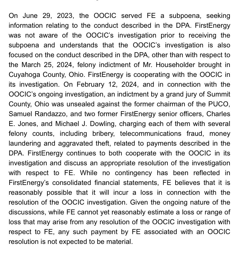 FirstEnergy for the first time concedes it’s “reasonably possible it will incur a loss” from Ohio Organized Crime Investigations Commission. $FE claims any payment is “not expected to be material” even though it “cannot yet reasonably estimate a loss” 🤔sec.gov/ix?doc=/Archiv…