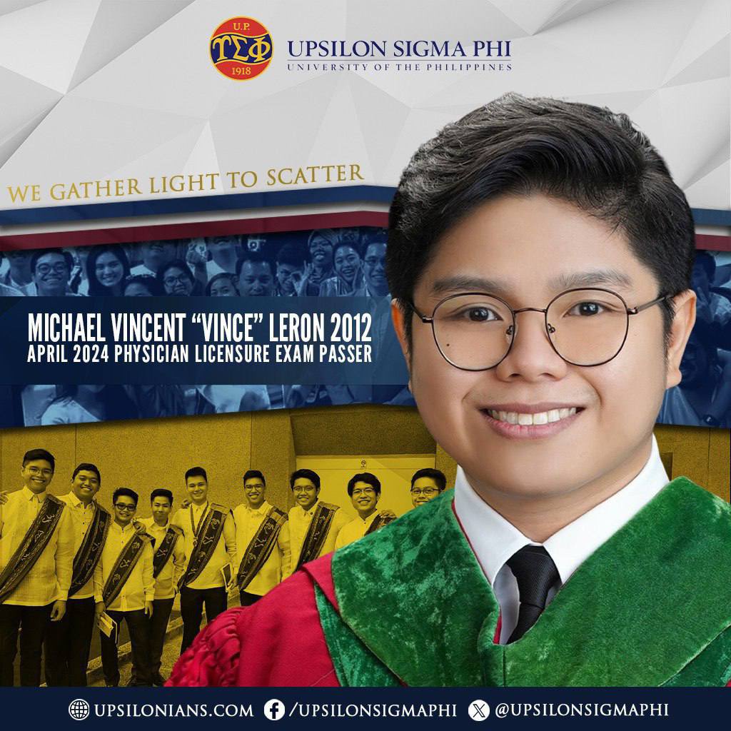 upsilonsigmaphi's tweet image. #ImperativeofService

The Upsilon Sigma Phi congratulates Fellow 𝗠𝗶𝗰𝗵𝗮𝗲𝗹 𝗩𝗶𝗻𝗰𝗲𝗻𝘁 &quot;𝗩𝗶𝗻𝗰𝗲&quot; 𝗟𝗲𝗿𝗼𝗻 𝟮𝟬𝟭𝟮 for passing the April 2024 Physician&apos;s Licensure Examination (PLE).