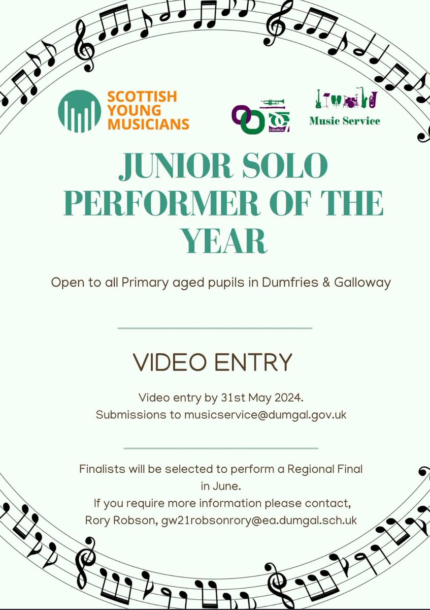 ⭐Junior Solo Musician Regional Competition ⭐ This is open to all primary aged musicians. Video submissions should be sent to: musicservice@dumgal.gov.uk by 31st May See poster for more information.