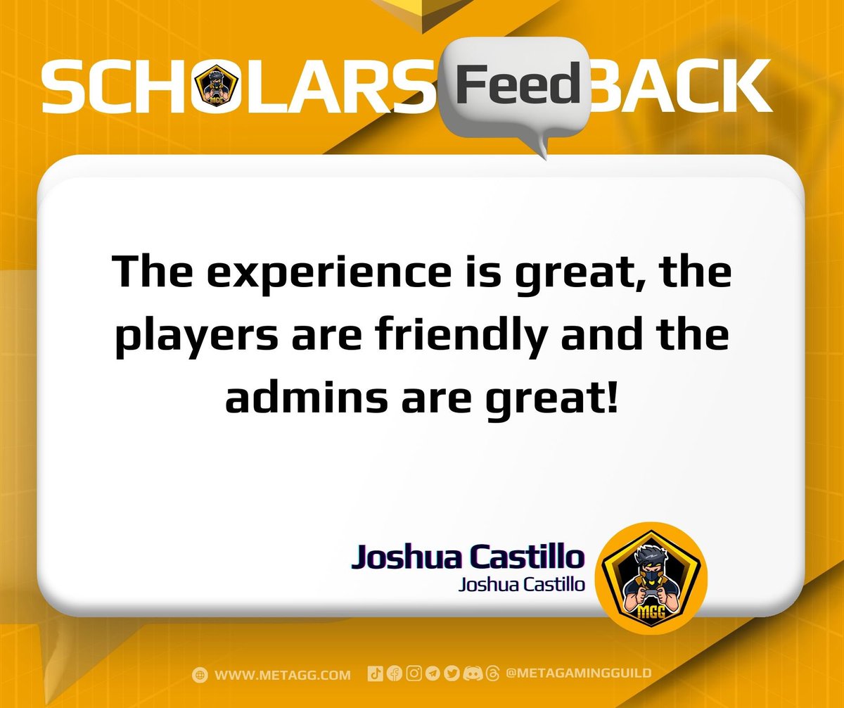 💌 Scholar’s Feedback Let’s hear it from our scholars! 🫶 See what they have to say about our scholarship program at MetaGaming Guild. 👀 For gaming scholarship, connect with us on Discord 👉🏻 discord.gg/5a7Ca7JFD2 #MGG #MetaGamingGuild #gaming #guild #scholarship #GameFi