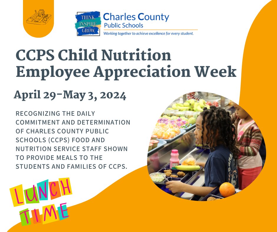 This week, April 29-May 3 is Charles County Public Schools (CCPS) Child Nutrition Employee Appreciation Week. Give a shoutout in the comments to the hardworking food and nutrition staff that provide meals to students and families of CCPS every day.
