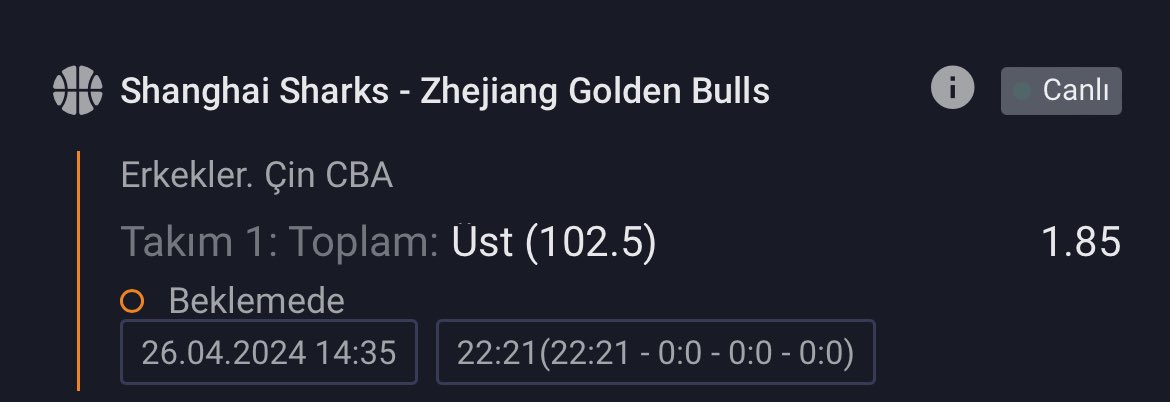 🇨🇳 𝘾𝘽𝘼 - • Shanghai - Zhejiang / Shanghai takım 102.5 üst 1.85 Bol şanslar.