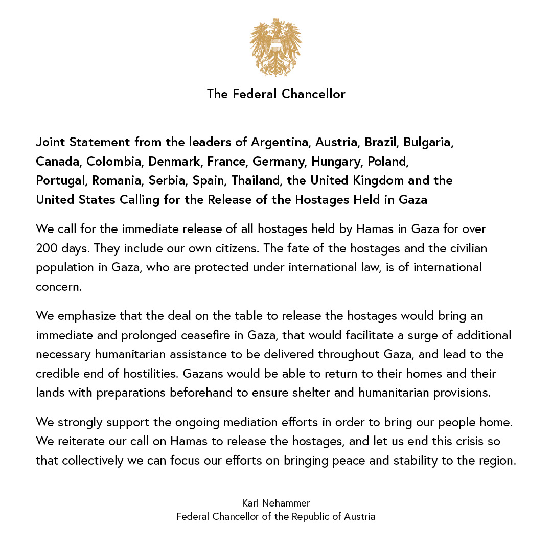Österreich und 17 weitere Länder, deren Bürger von der Hamas als Geiseln festgehalten werden, haben in einer gemeinsamen Erklärung die Freilassung aller Geiseln gefordert. #LetThemGoNow 🇺🇸 🇦🇷 🇦🇹 🇧🇷 🇧🇬 🇨🇦 🇨🇴 🇩🇰 🇫🇷 🇩🇪 🇭🇺 🇵🇱 🇵🇹 🇷🇴 🇷🇸 🇪🇸 🇹🇭 🇬🇧