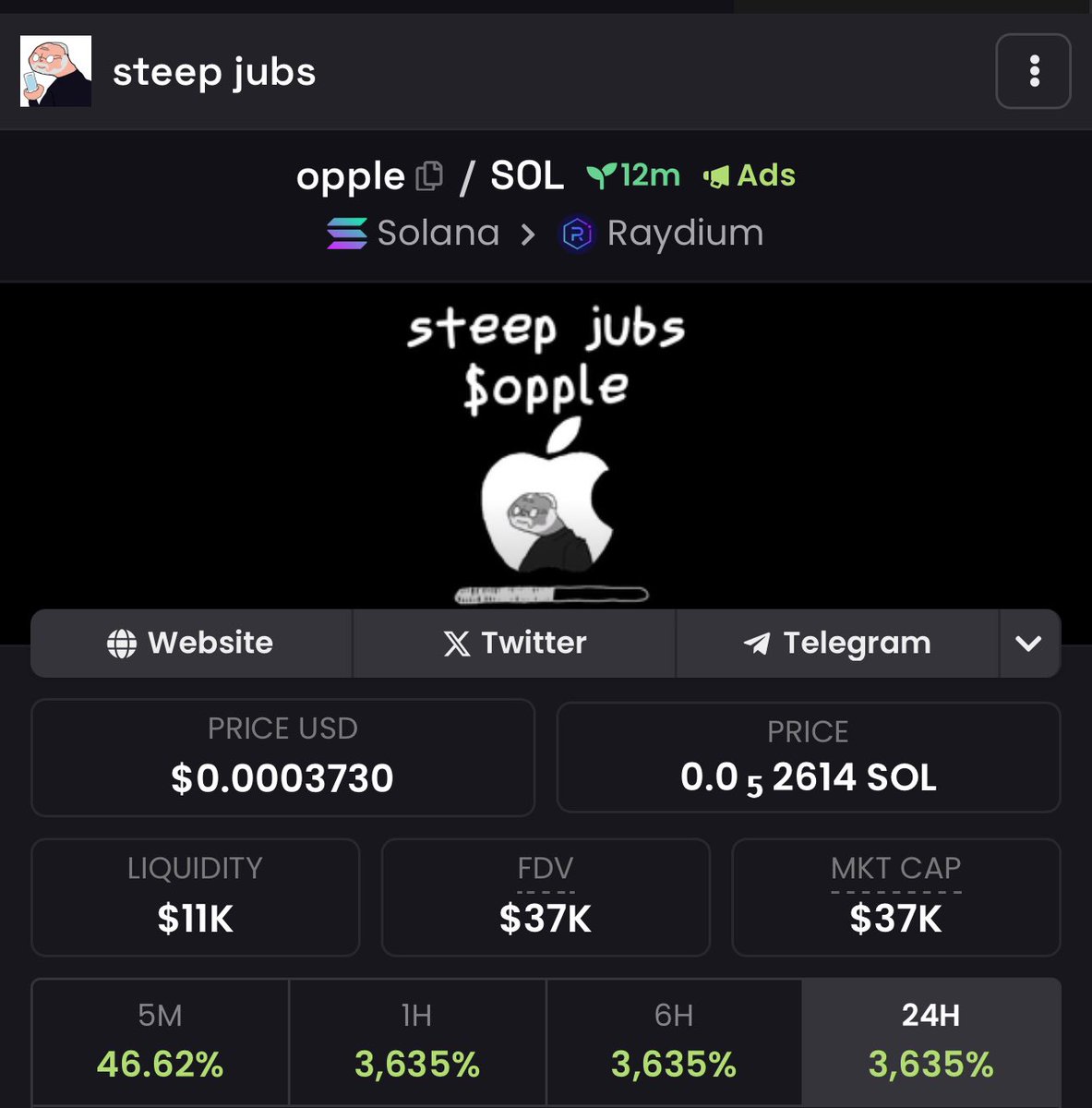 $OPPLE 🍎💰📈 

TELEGRAM - t.me/steepjubs
CHART - dexscreener.com/solana/bg5dp9g…
BUY on <a href="/bonkbot_io/">Telemetry</a>  - t.me/bonkbot_bot?st…