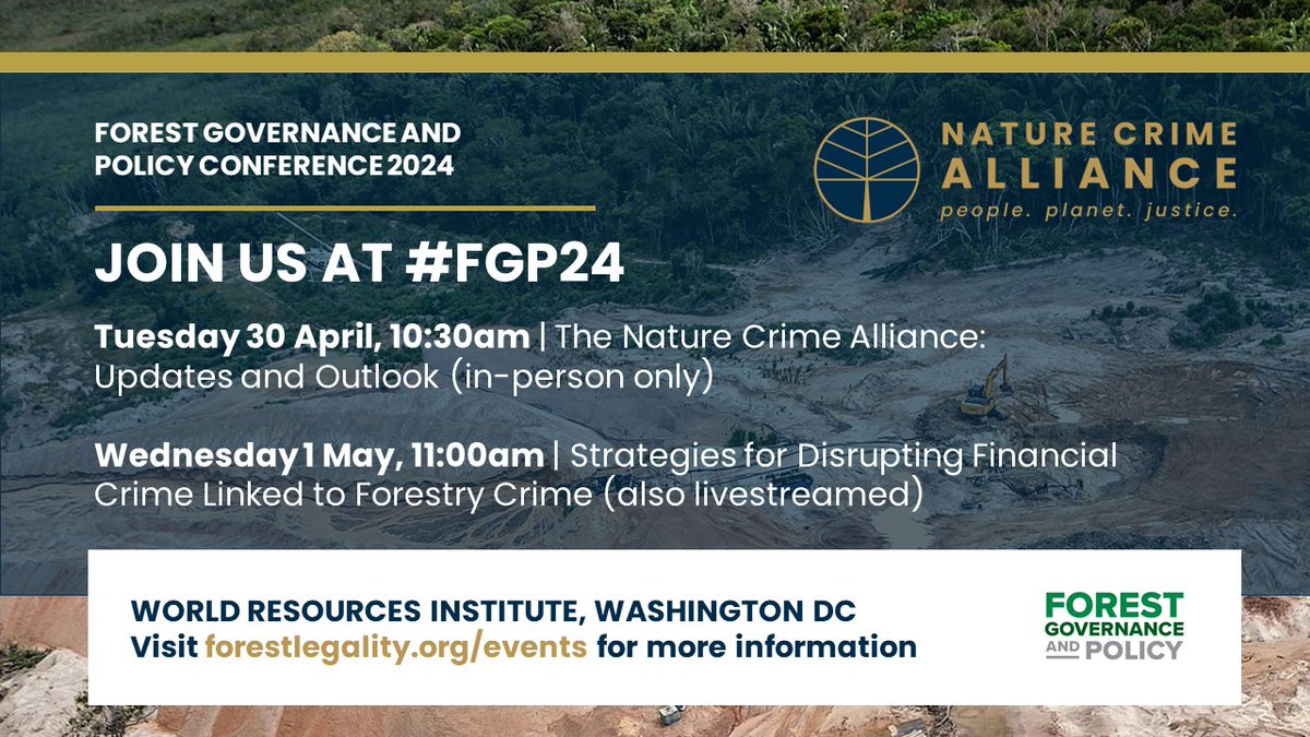 🌲We'll be hosting two events at #FGP24 in Washington DC next week🌲 Tue, 10:30am ET - The Nature Crime Alliance: Updates and Outlook Wed, 11:00am ET - Strategies for Disrupting Financial Crime Linked to Forestry Crime (also livestreamed) Find out more: naturecrimealliance.org/alliance-at-fg…