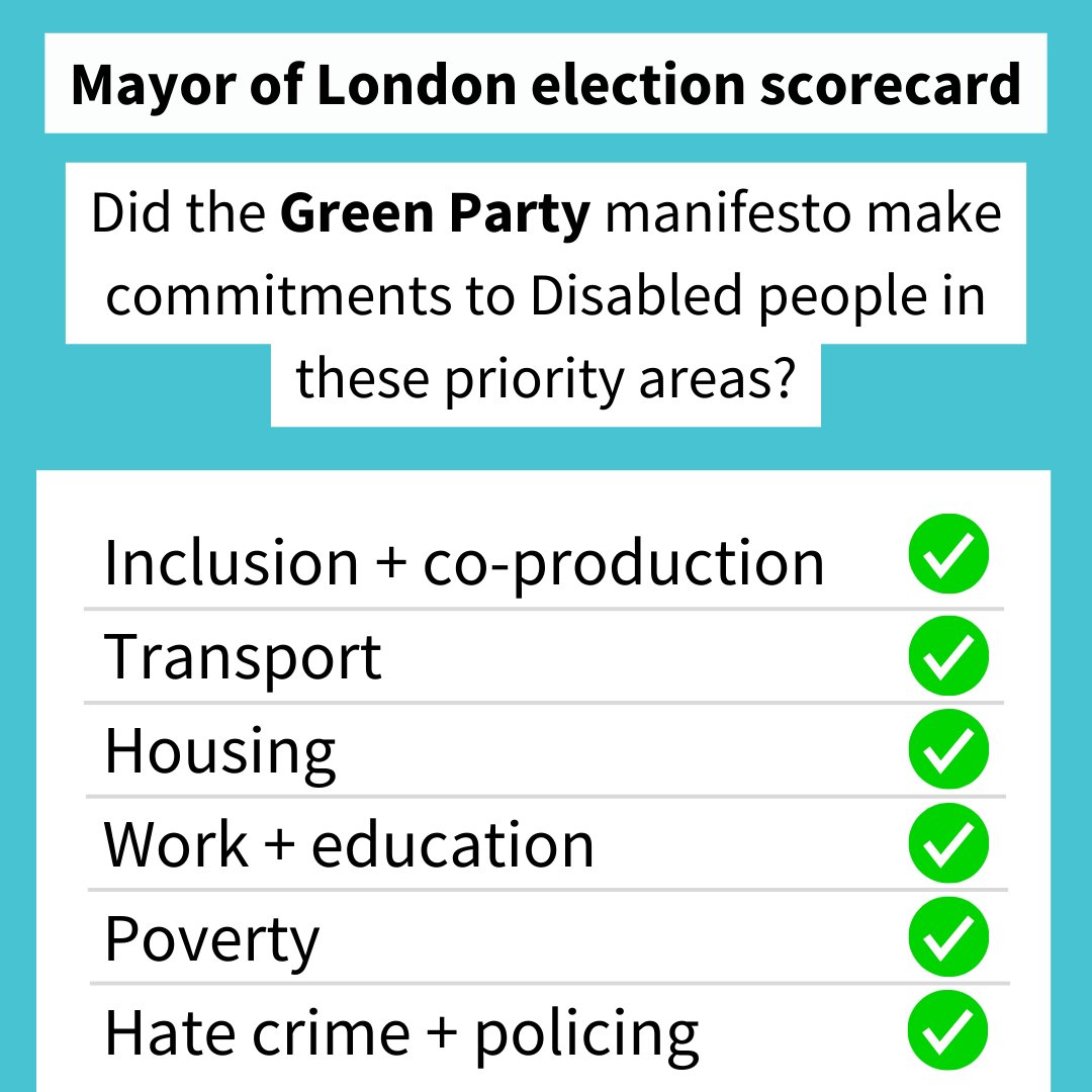 (4) Green Party manifesto made commitments to Deaf + Disabled people in all our key areas, including more accessible transport and housing, address police + hate crime, end pay gaps, appoint Disability Champion and work with DDP and our orgs. @ZoeGarbett #LondonMayoral2024