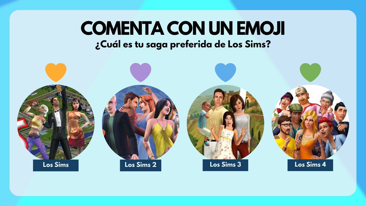 JUGUEMOS, SIMMERS 🎮 ¿Cuál es tu saga preferida de #LosSims? Comenta o cita este posteo con el emoji de la entrega que más te gusta 👇 🧡 Los Sims 1 💜 Los Sims 2 💙 Los Sims 3 💚 Los Sims 4