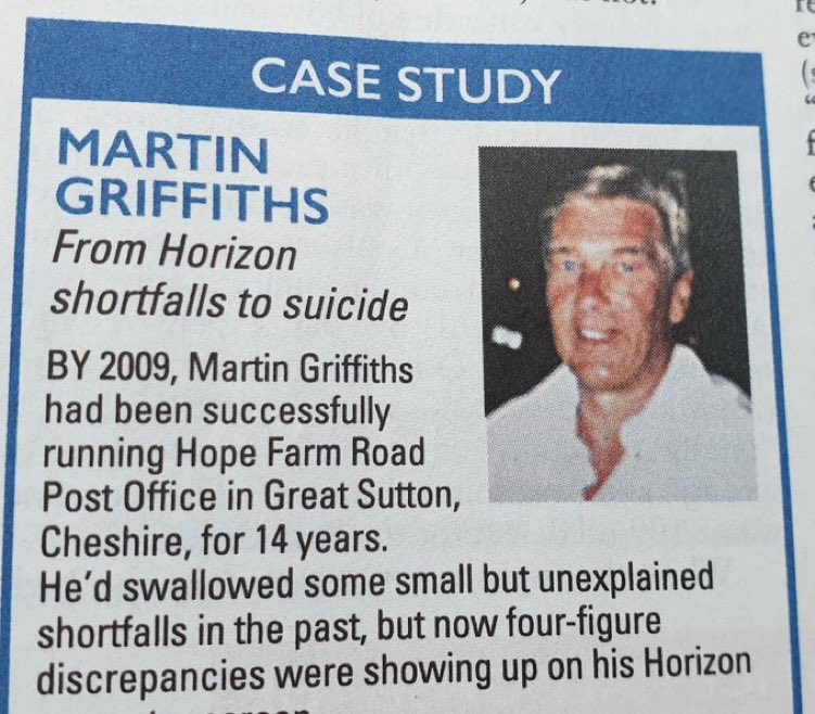 Today, more than ever, we should be remembering the totally needless loss of life caused by the #PostOffice and the #HorizonScandal 
My thoughts are with the family of Martin Griffiths, a man so distressed at his treatment by the PO, he took his own life.
May he get justice.