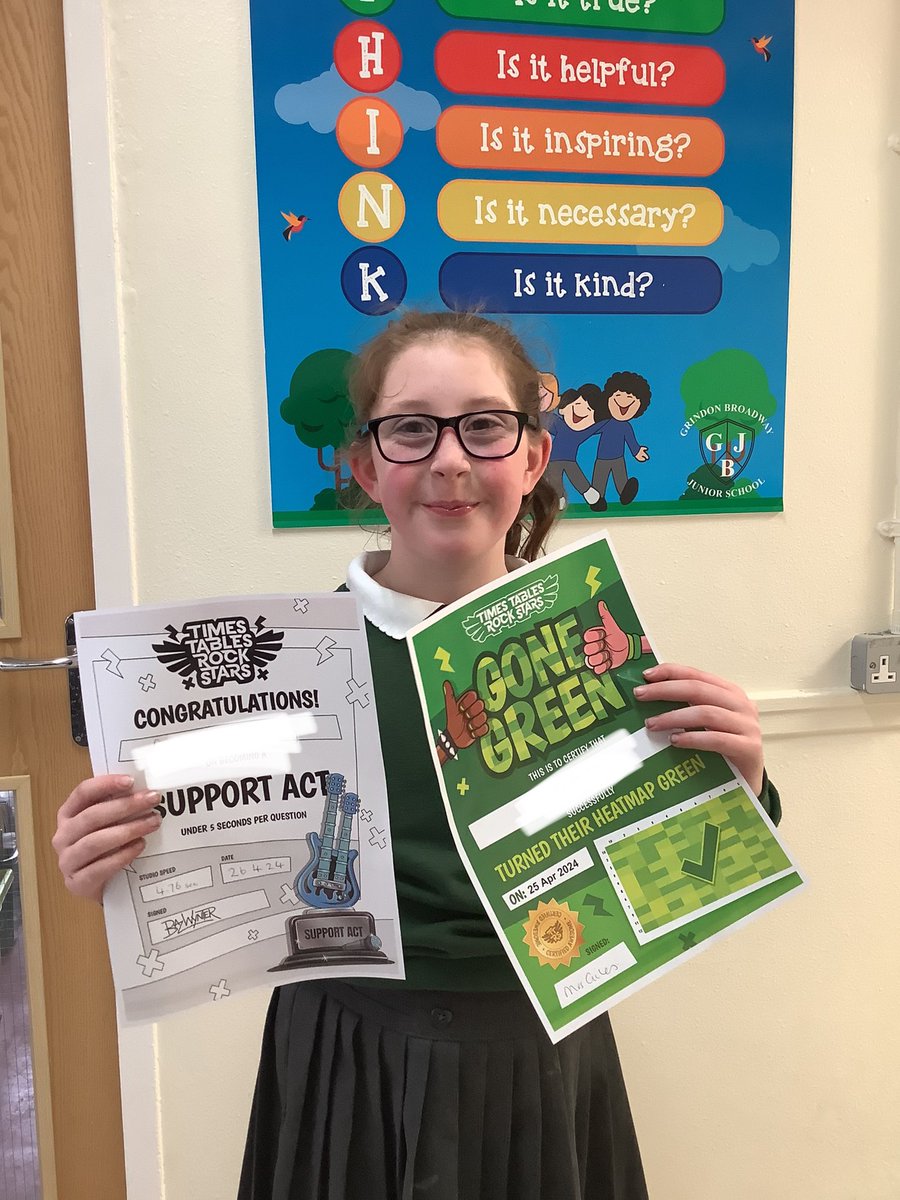Well done! Another year four mathematician has ‘Gone Green’ meaning they know all of their times tables facts to 12x12/🥇🏆👏🌟⭐️😀🏆🎸👏 @broadwayjuniors