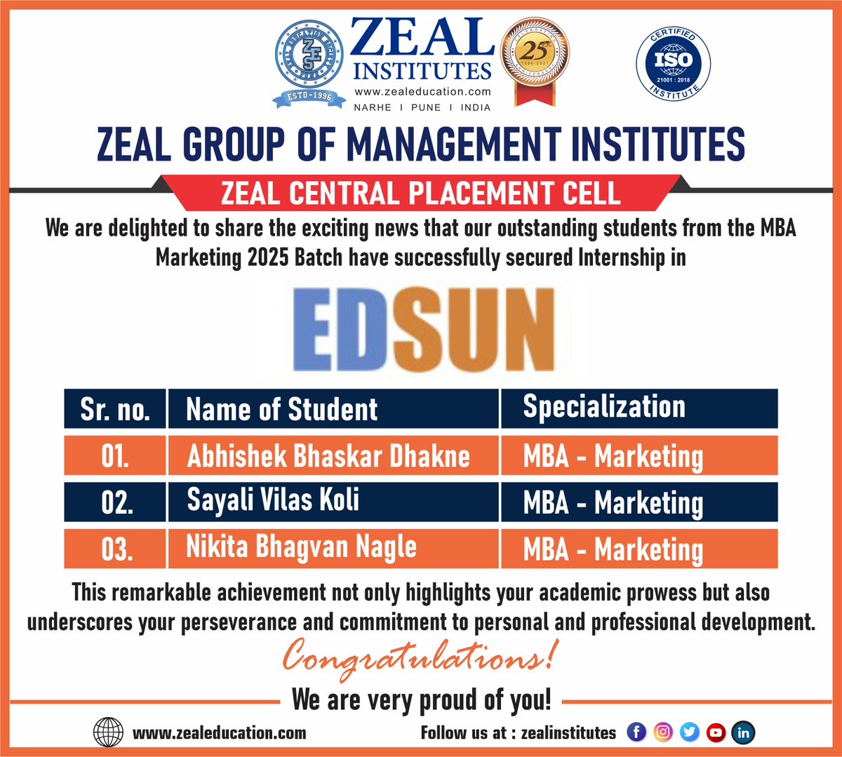 Congratulations💐💐
#ZealCentralPlacementCell#Placement#ZealEducationSociety#MBAMarketing#MBA#BusinessAdministration#Management#StudentTrainingProgram