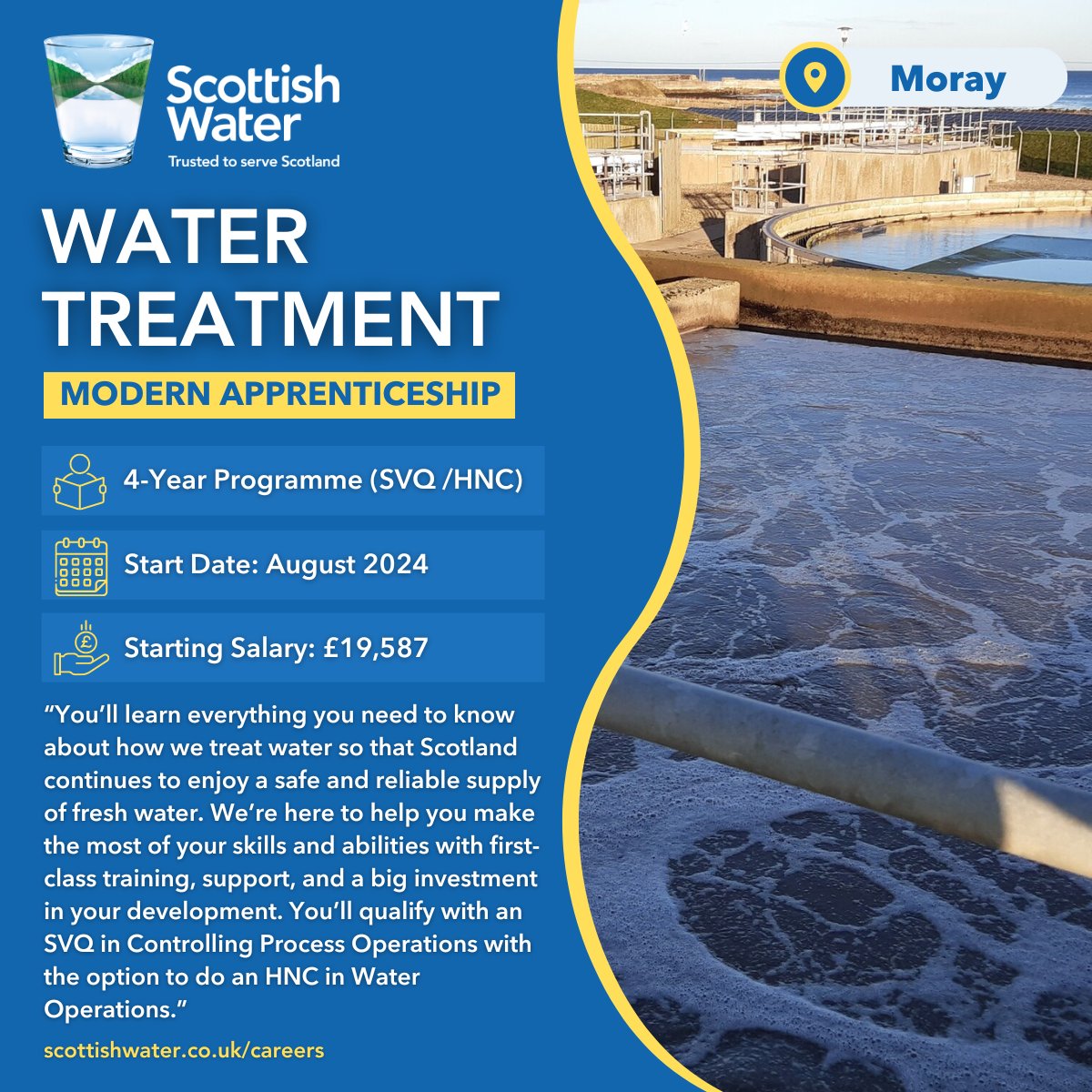 Moray, you're in luck! We've uncovered another Modern Apprenticeship opportunity in Elgin. Expect hands-on training in water treatment, monitoring assets, testing samples, analysing data, and prioritising safety. bit.ly/3WdiUaj #ModernApprenticeship #Apprenticeships