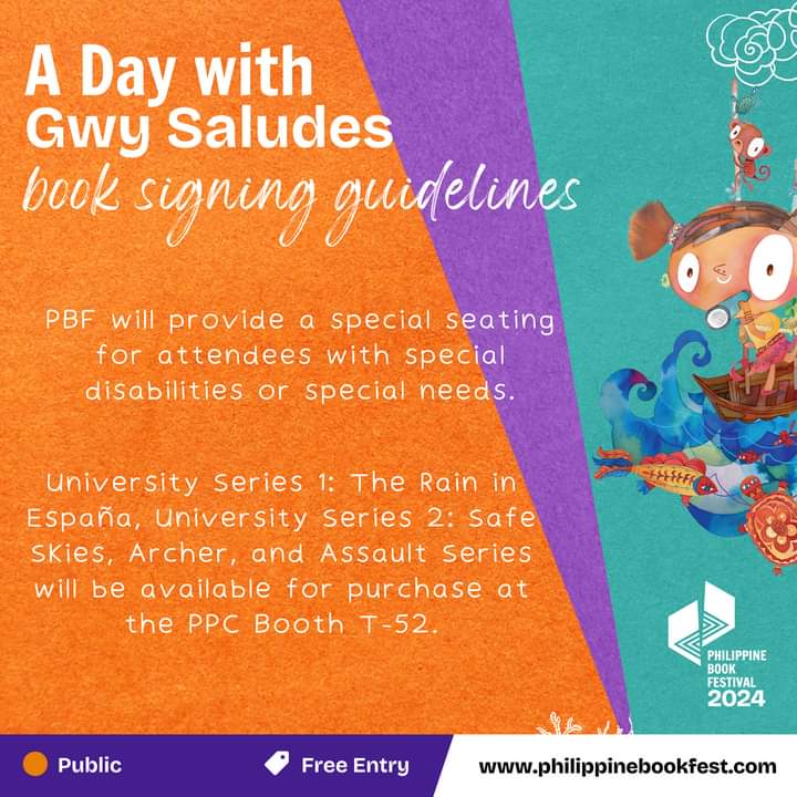 Don't miss this chance to meet Gwy Saludes (4reuminct) and get your books signed! 💖 

🗒️ A Day with Gwy Saludes (Meet & Greet and Book Signing)
🗓️ April 28, 2024
🕐 11 AM  - 1 PM
📍 Main Stage, World Trade Center Manila

#GwyAtPhilippineBookFestival
#ReadPinas #PBF2024 #NBDB