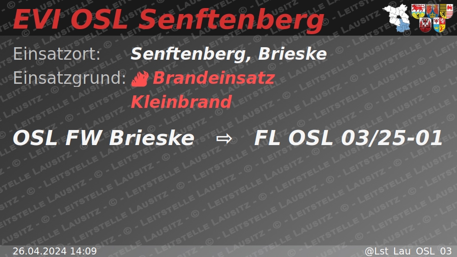 🚨 26.04.2024 14:09 🔥 B:Klein 🌐 Senftenberg, Brieske 🚒 ⇨ FW Brieske wachalarm.leitstelle-lausitz.de/dbrd/5c7a35e2-…