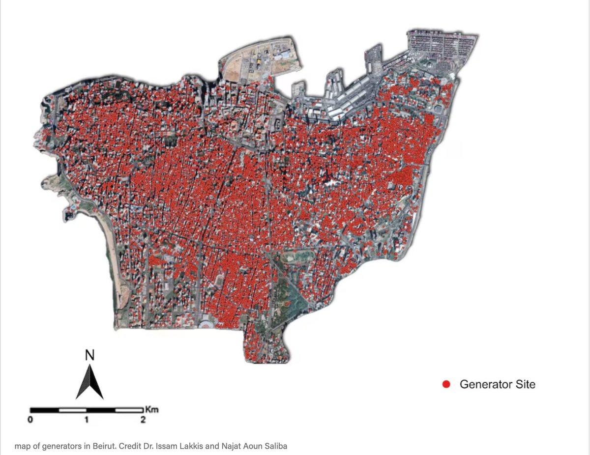This is a map of Beirut's diesel generators—a not-so-silent killer. A recent AUB study exposes their role in doubling carcinogenic pollutants since pre-crisis levels, when Lebanese massively turned to these polluting alternatives amid widespread blackouts. @najat_saliba
