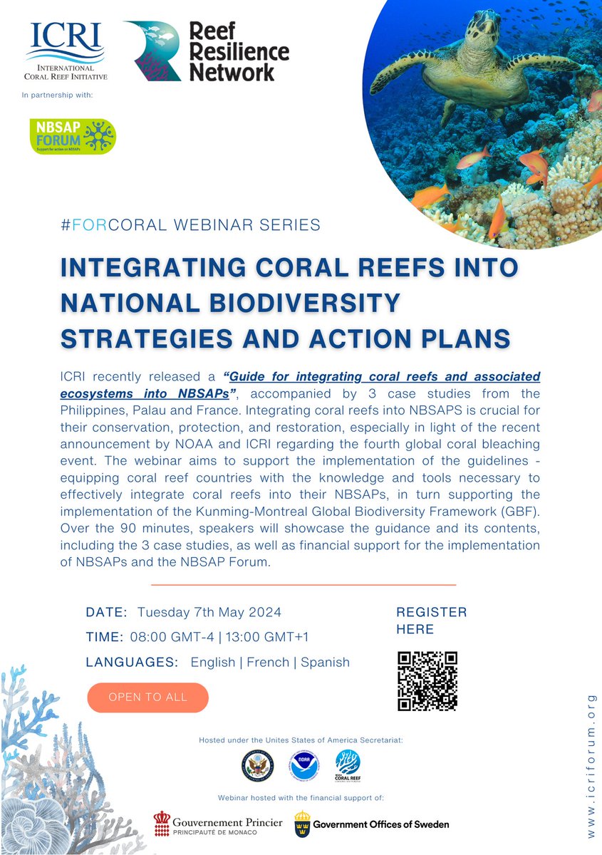 📢REGISTRATION NOW OPEN📢 🪸ICRI is pleased to announce the next #ForCoral webinar in collaboration with @ReefResilience, and in Partnership with @NBSAPForum The integration of coral reefs into NBSAPs 📅 Tuesday 7th May 2024 (08:00 EDT | 13:00 BST | 22:00 AEST) ICRI recently…