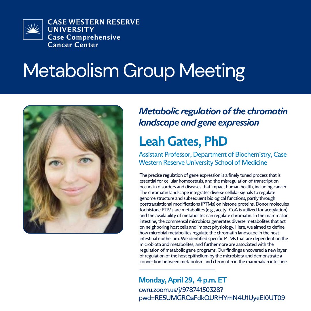 Don't miss 'Metabolic regulation of the chromatin landscape and gene expression' with Leah Gates, PhD, on Monday!