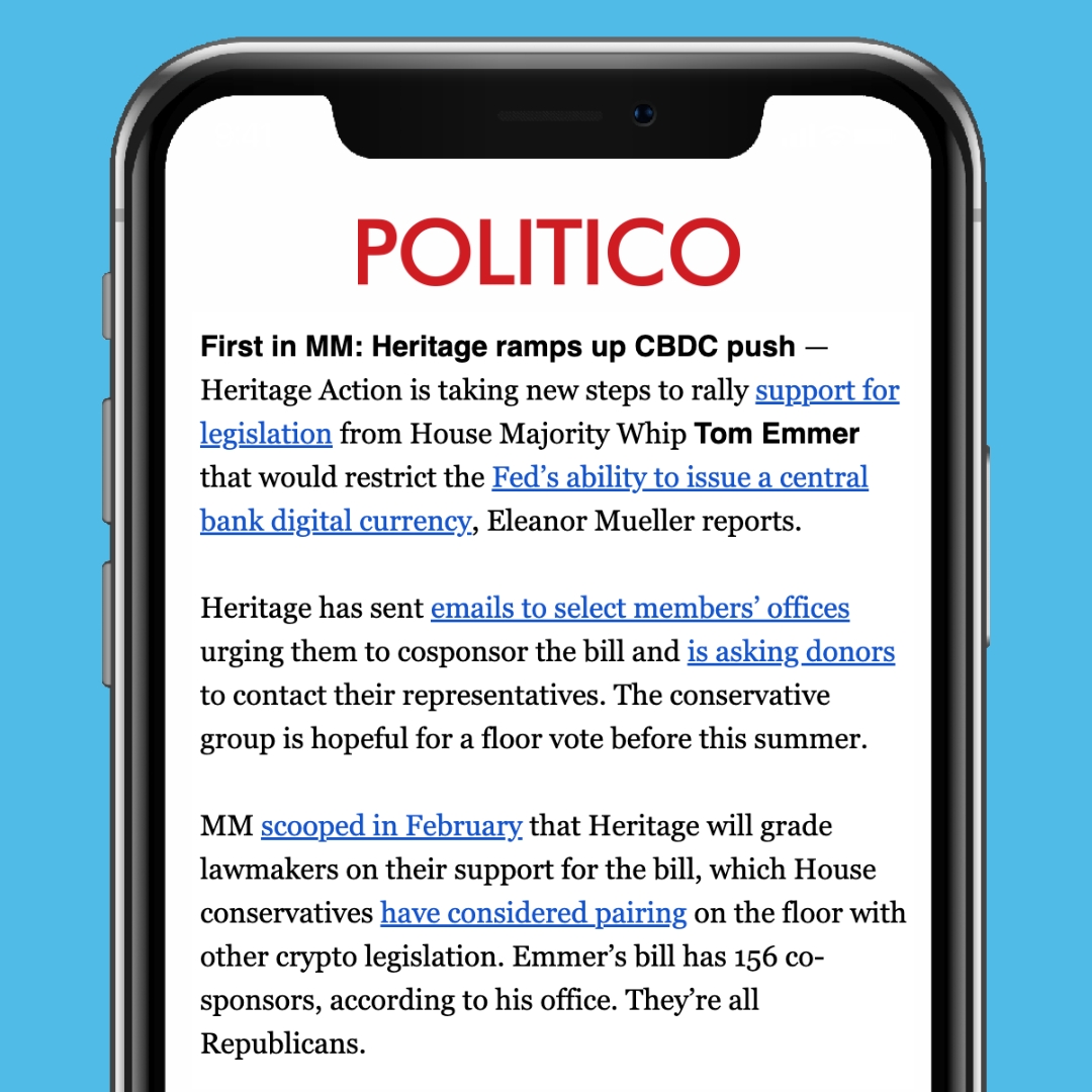 📰 Conservative support for @GOPMajorityWhip's CBDC ban is building on the Hill. With the backing of our grassroots activists, @Heritage_Action is driving the effort. The bill has picked up 50 cosponsors since Heritage issued a Key Vote in support. 👀 From @Eleanor_Mueller: