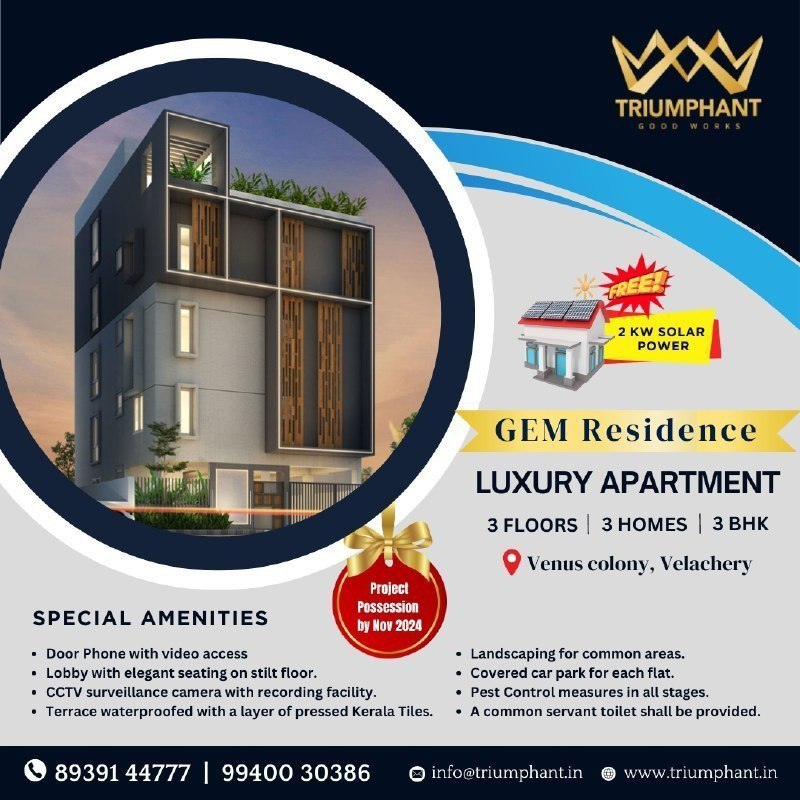 Triple Luxury Living in Velachery! 

- 3 Floors, 3 Unique Homes, 3 Spacious BHKs.
- Special First Booking Rate: Rs. 8500/sqft

Secure your perfect apartment in Chennai today!

Book your dream home now! 

📞+918939144777
triumphant.in

#Triumphant #Bestprice #Flatforsale