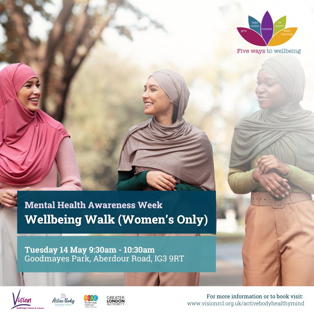 Tuesday, 14 May join us for our Women's Only Wellbeing Walk at Goodmayes Park as part of #MentalHealthAwarenessWeek Walking has many health benefits and best of all its free, all you need to do is turn up and enjoy the company. 🚶‍♀️Find out more: vrcl.uk/MHAWwomenswalk