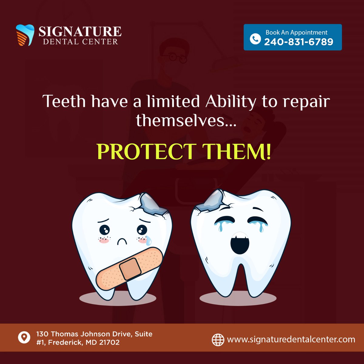 'Protect your teeth as they have a limited ability to self-repair.'
.
For appointments, call or text: +1240-831-6789
Or Visit: signaturedentalcenter.com
.
#Dentalcheckups #Pediatricdentistry #toothextraction
#teethwhitening #straighteningteeth  #dentalbonds 
#dentaltreatment
